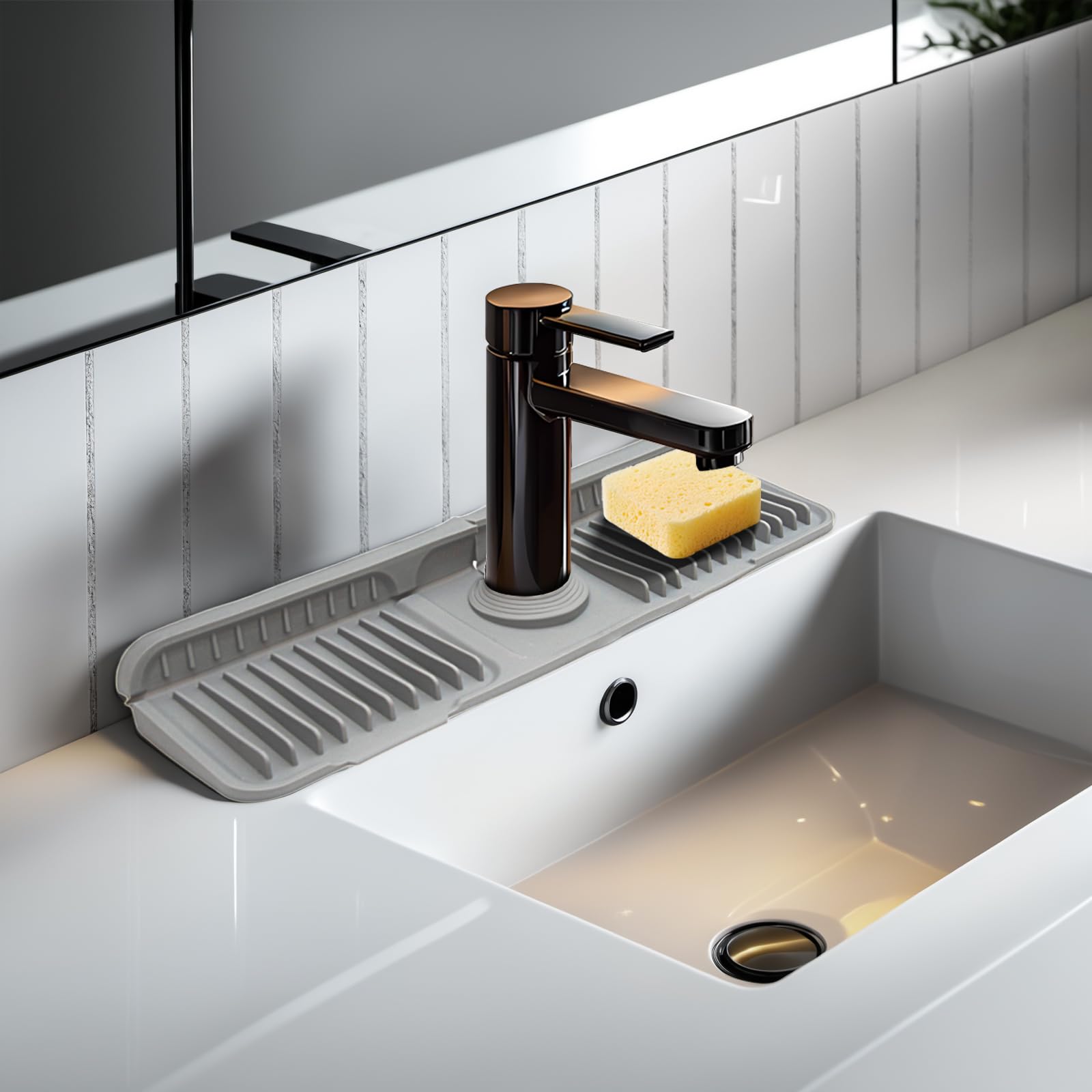 Photo 1 of 17.7" Gray Silicone Faucet Mat with Button Style Design – Longer Drip Catcher Tray & Sink Splash Guard, 6° Slope Behind Faucet Mat | Easy Kitchen & Bathroom Sink Protector