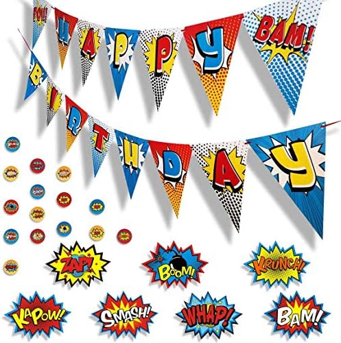 ADJOY Superhero Birthday Party Supplies Happy Birthday Banner Pennant with Large Superhero Stickers