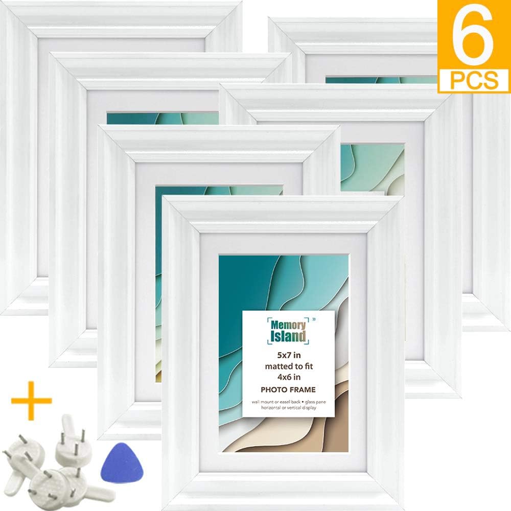 Memory Island, 5x7 Picture Frames With 4x6 Mat, Set of 6 pack in White, Vertical or Horizontal Display For Wall or Tabletop. Glass Fronts Photo Frame.