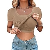 CHICME Women Built-in Bra T Shirt Top Short Sleeve Square Neck Basic Tees Casual Ribbed Knit Fitted Going Out Tops