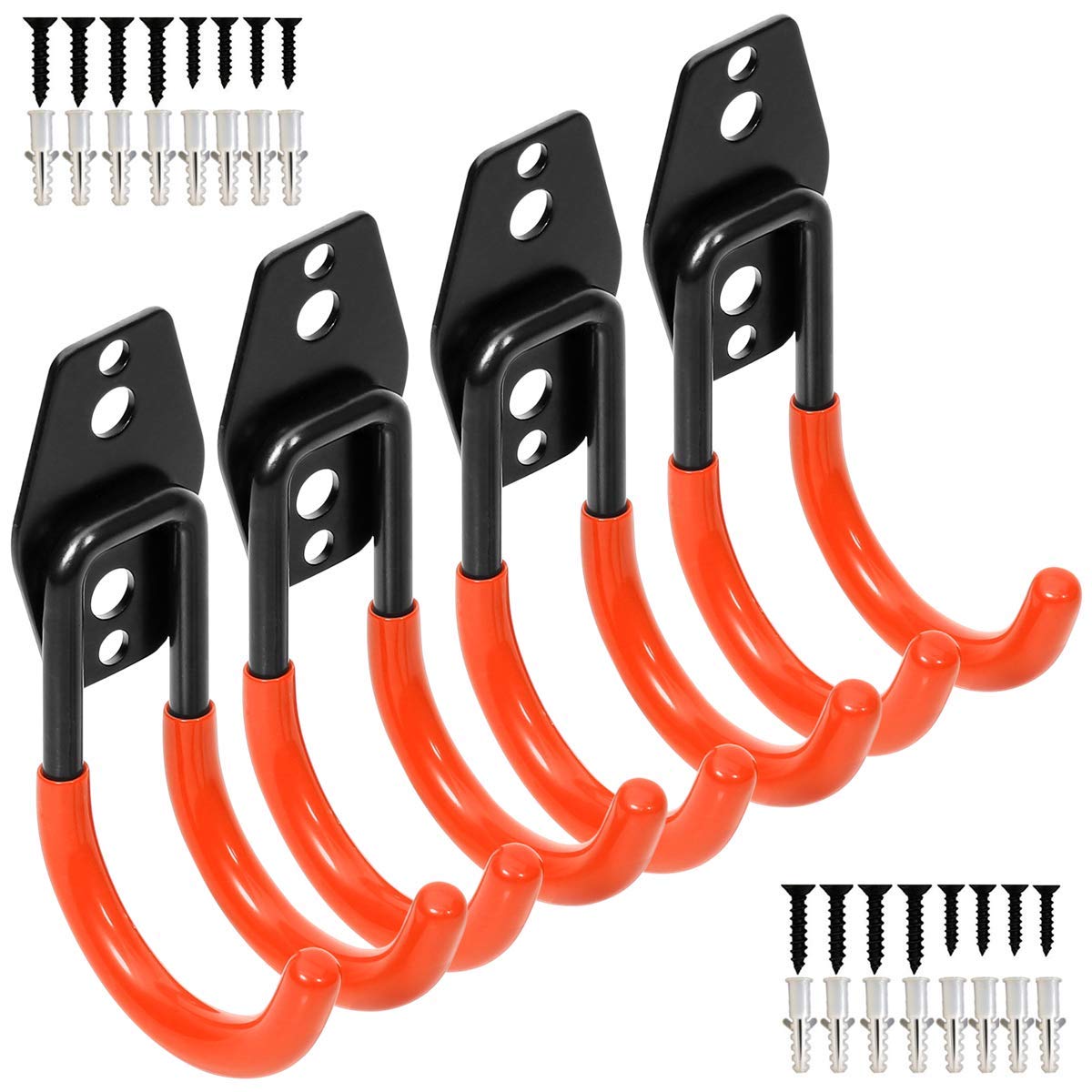 Yisunnan Wall Mount Double Hook,Heavy Duty Steel Garage Storage Utility Hooks with Anti-Slip Coating,Load Capacity 66 LB (4Pack Orange 2.8" Round J Hook)
