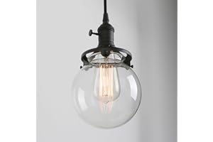 Permo Vintage Industrial Pendant Light Fixture Mini 5.9" Round Clear Glass Globe Hand Blown Shade (Black)