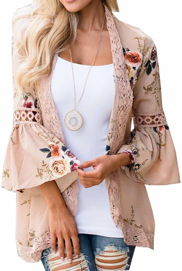 Women’s 3/4 Flare Sleeve Floral Print Casual Kimono Cardigan Blouse Top