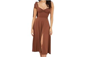 ADHOWBEW Summer Dresses for Women,Sexy Slit Sleeveless Adjustable Strap A Line Dress Fashion High Waist Pleated Midi Dress