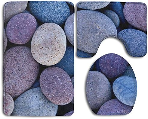 Bath Mat,3 Piece Bathroom Rug Set,Cobblestone Flannel Non Slip Toilet Seat Cover Set,Large Contour Mat,Lid Cover For Men/Women
