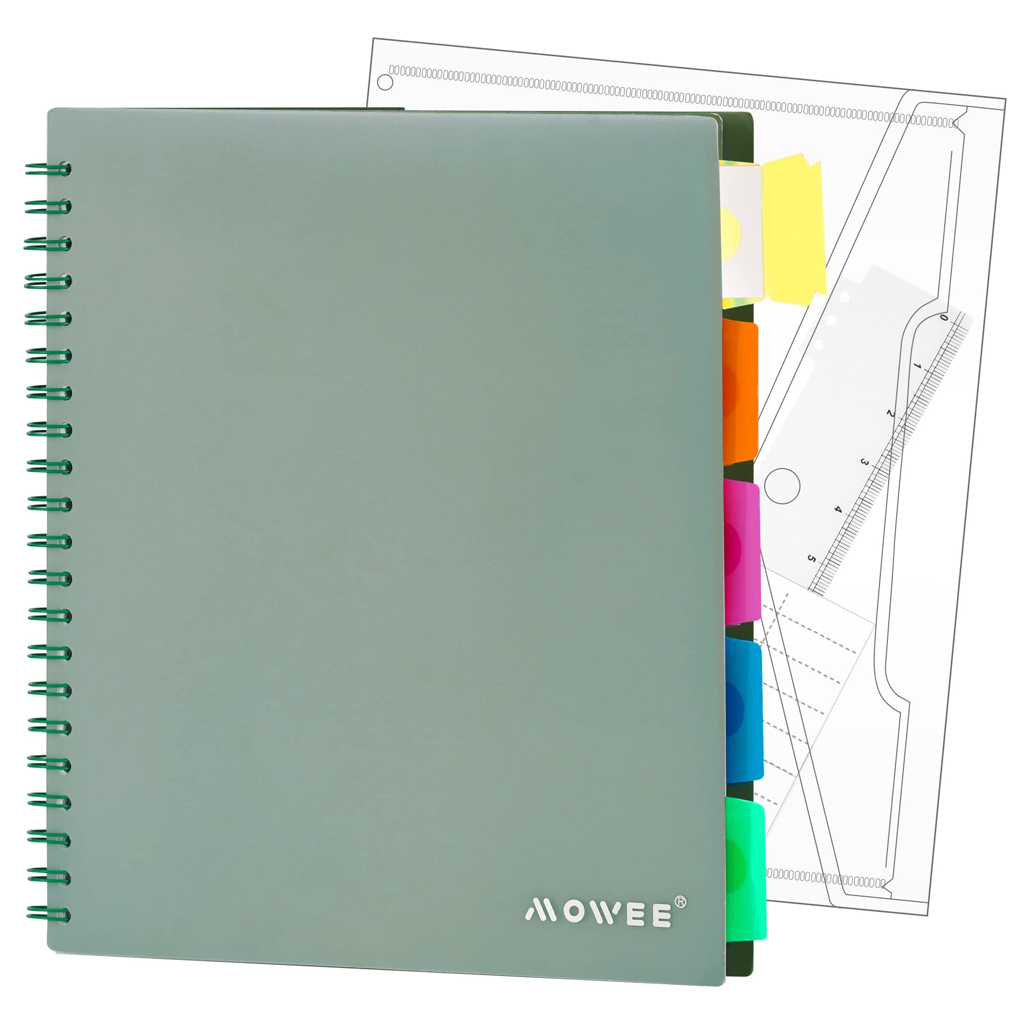 Photo 1 of MOWEE 5 Subject Notebook - Spiral Notebook, College Ruled Notebook With Dividers Pocket, Tabs, 11" Ruler, 200 Pages, for Writing Journal, Home & Office, School Supplies, 8.5''x11'' Forest Green