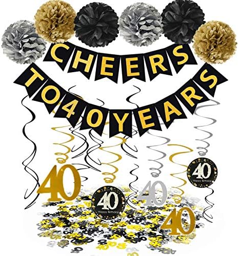 Famoby Gold Glittery Cheers to 40 Years Banner with Pom Poms 40th Sparkling Hanging Streamers for 40th Birthday Decorations 40th Birthday Party Decorations Supplies