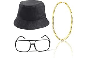Beelittle 80s/90s Hip Hop Costume Kit Cool Rapper Outfits,Bucket Hat Sunglasses Gold Plated Chain