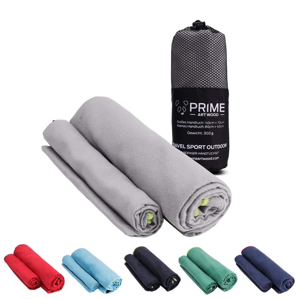 PRIME ART WOOD® Microfibre Hand Towels Set of 2 with Carry Bag (140 cm x 70 cm and 80 cm x 40 cm), grey