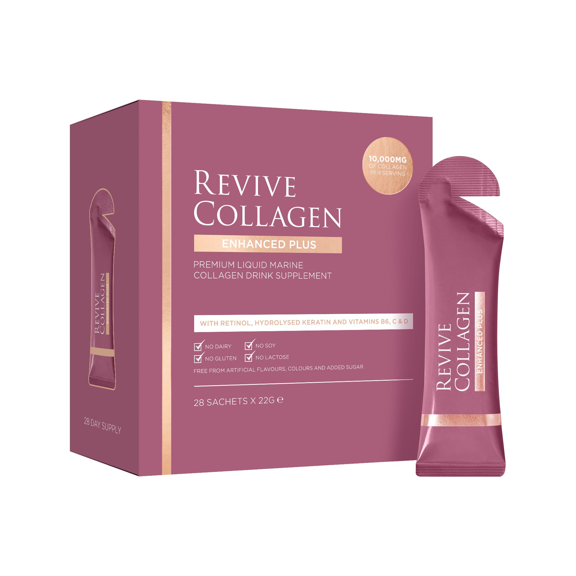 Revive Collagen Enhanced Plus 10,000mg Hydrolysed Marine Collagen Drink with Added Vitamin A & C for Healthy Skin, Hair, Nails & Joints | Tropical | 28 x Sachets