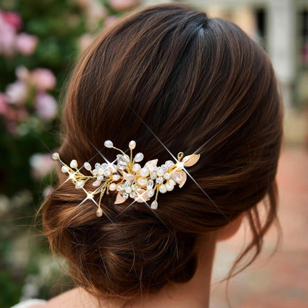 Unicra Bride Wedding Crystal Hair Vines Flower Leaf Headpieces Bridal Hair Accessories for Women and Girls (Gold)