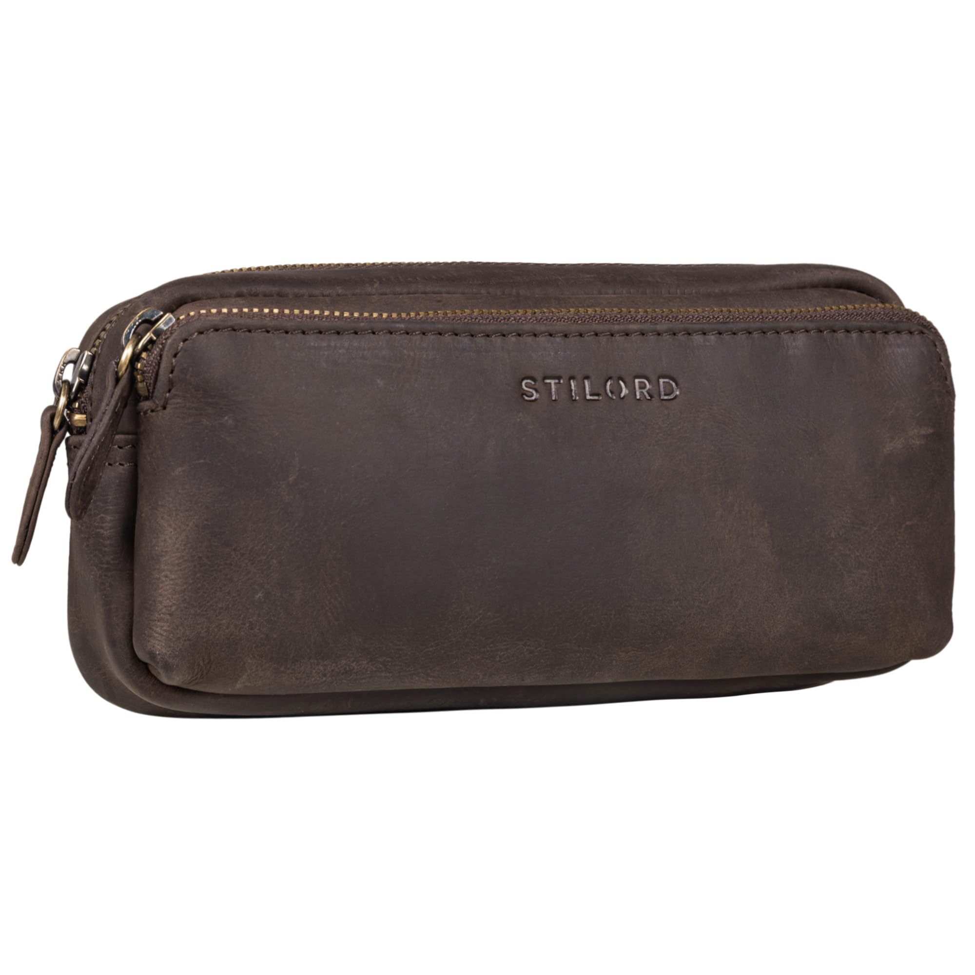 STILORD "Melissa" Large Pencil Case Vintage Leather Pouch Pen Case Ideal as Bag Organiser Make-Up Bag in Genuine Leather Colour:Dark - Brown