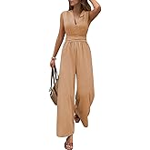 Pink Queen Jumpsuits for Women Dressy Sleeveless V Neck Wide Leg Pants Romper Casual Vacation Outfits