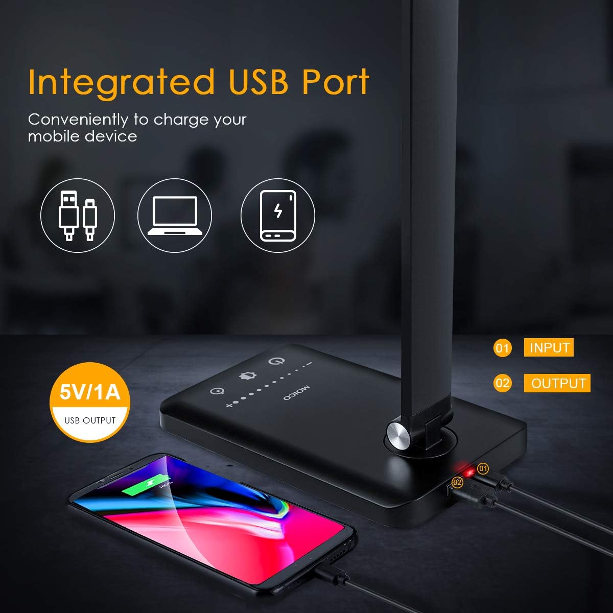 LED Desk Lamp - Office Desk Lamps with USB Charging Port and 2000mah Battery, Dimmable Eye-Caring Table Lamp with 5 Color Modes and 5 Brightness Levels, Timer/Memory Function Lamp for Working, Reading - - 