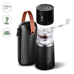 PERFECT GIFT -Soulhand Portable Coffee Grinder Set,Manual Coffee Grinder with Adjustable Ceramic Burr and Foldable Hand Crank, All -in-One Coffee Maker for Travel Camping Working Office (with Storage bag -Black)