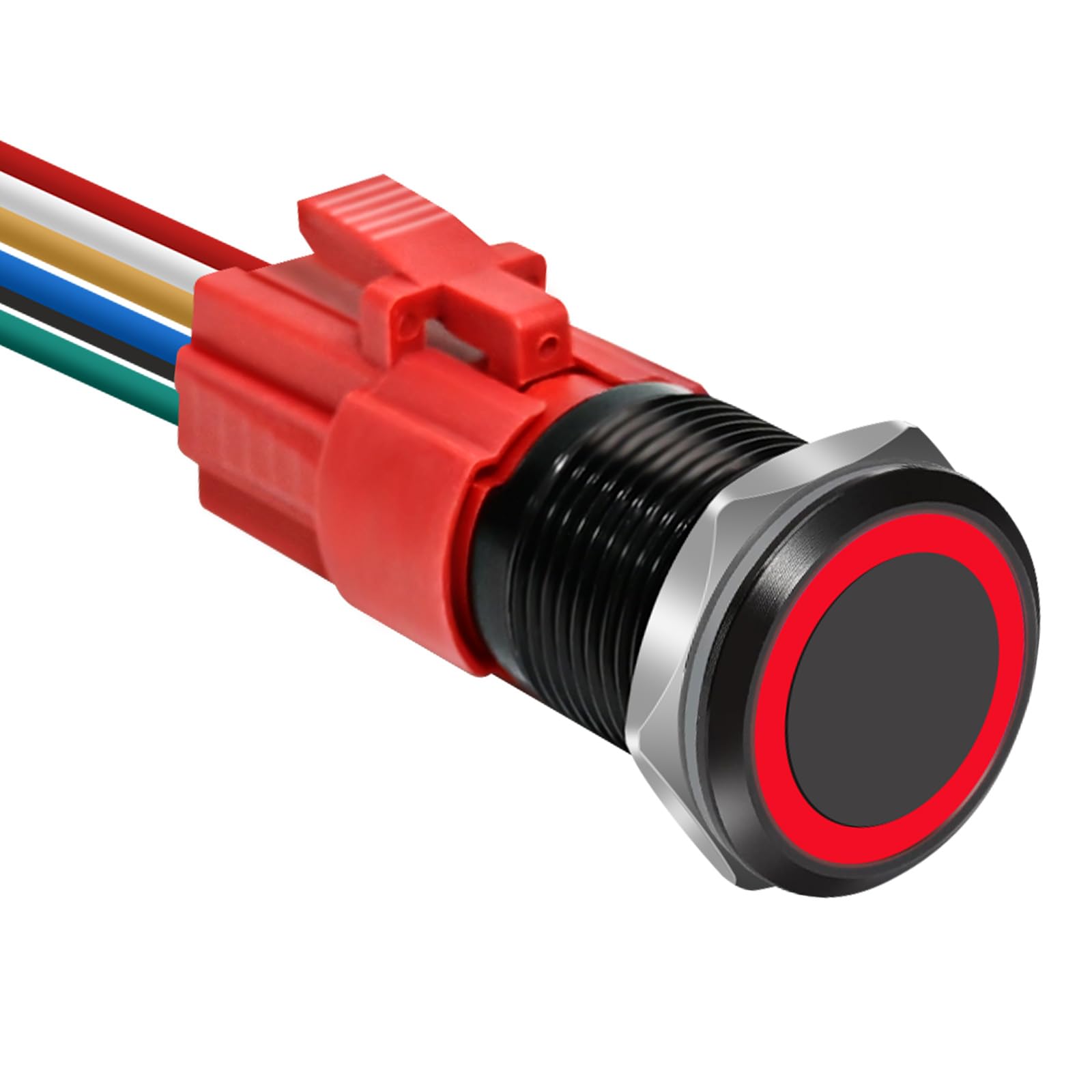 Photo 1 of 1 Pcs 16mm Latching Push Button Switch with 12V Waterproof Shell LED Light Power Button Momentary Push Button Switch for 0.63" Mounting Hole with Wiring Plug (Red Light)