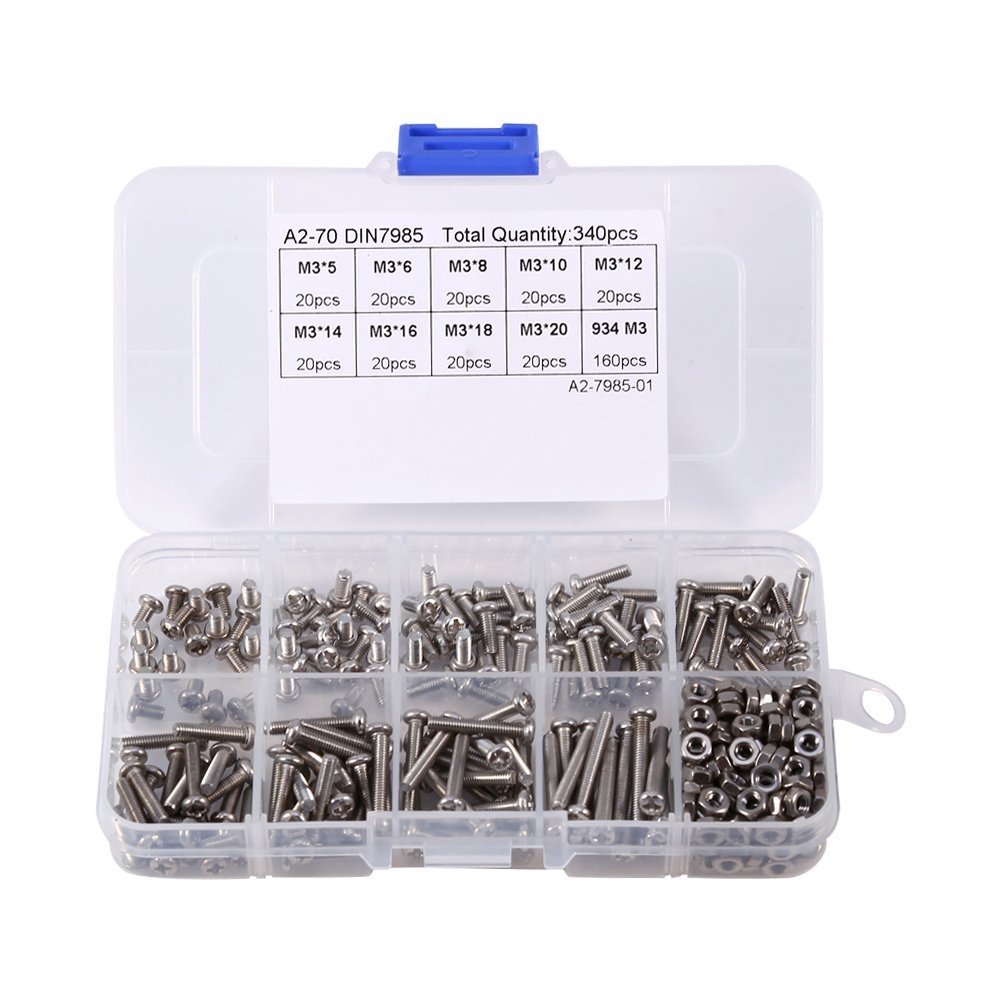 340pcs M3 stainless steel 304 Phillips pan head screw combination set, Fastening Parts, Silver, M3 x 5/6/8/10/12/14/16/18/20 mm