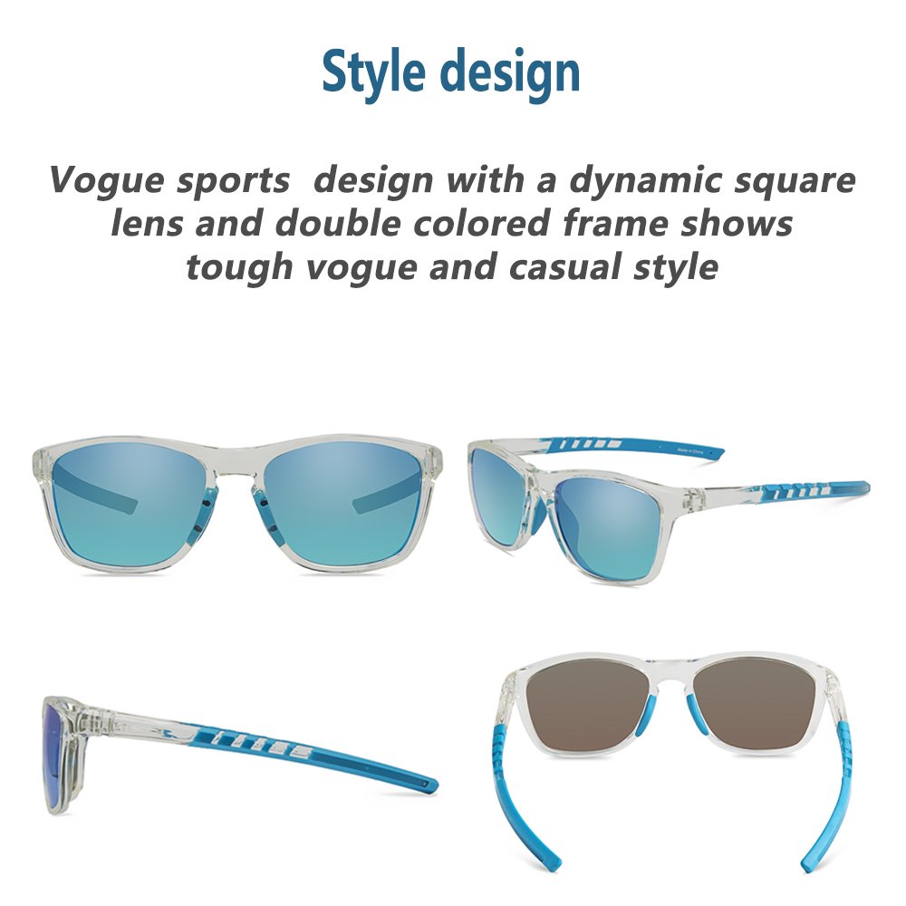 JOJEN Polarized Sports Sunglasses for Men Women Baseball Running Cycling Fishing Golf Tr90 Ultralight Frame JE001(Transparent Frame Blue Revo Lens)