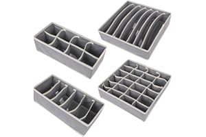 SundiooK 4-Pack Gray Fabric Drawer Organizers with 6-24 Cells Ties, Bras, Scarves, Makeup & Handkerchiefs, Foldable & Space-S