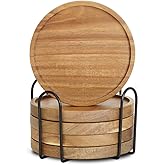 RIHLA Acacia Wood Coasters with Lip, Set of 5 with Holder - Elegant and Functional Wooden Drink Coasters for Home Coffee Table & Office