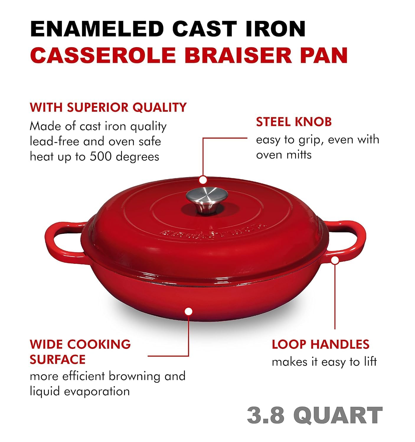Bruntmor 3.8 Quart Dutch Oven Pot with Lid - Enameled Cast Iron Paella Pan - Ceramic Coated Cast Iron Braiser Pan for Baking, Braising, Roasting, Slow Cooking, and Stovetop Use - Gradient Red