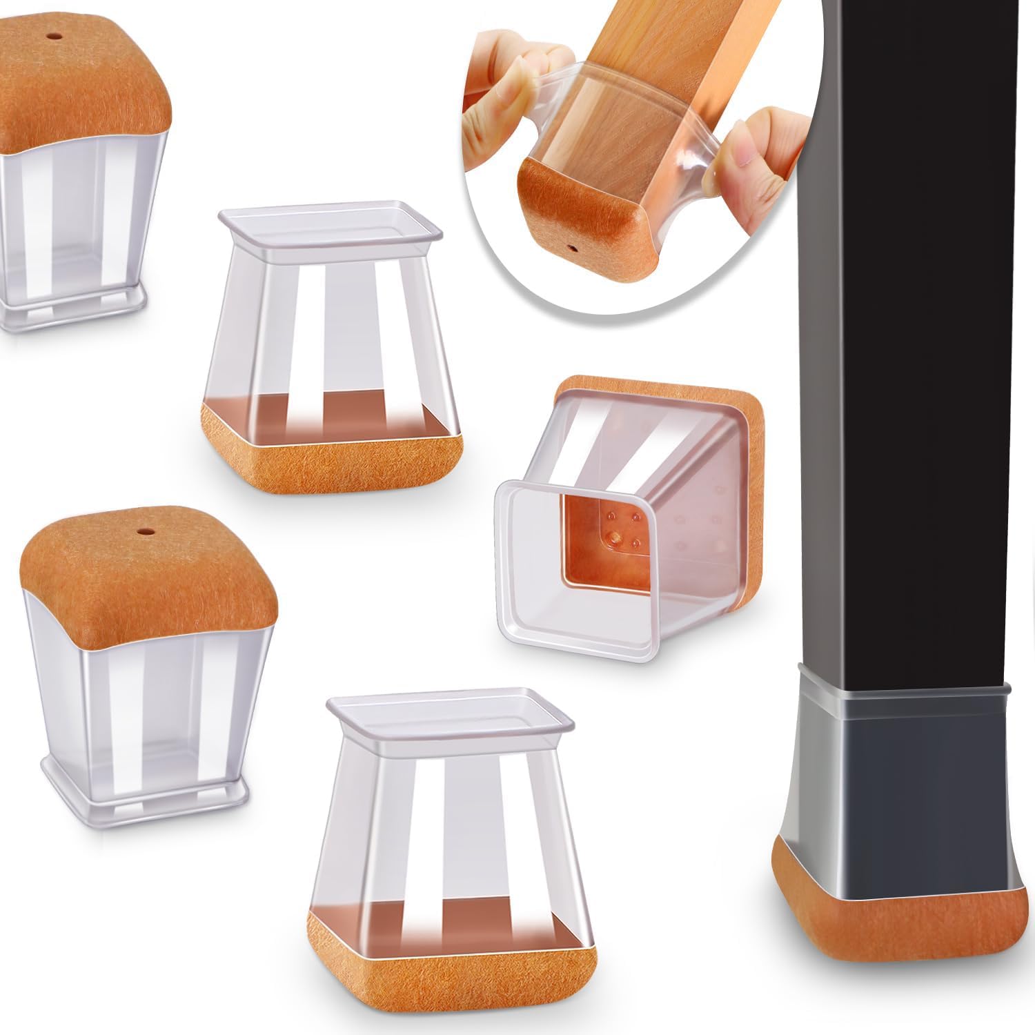 32 Pcs Chair Leg Floors Protectors Furniture Pads Floor Protectors for Hardwood Floors Large Chair Sliders Silicone Covers with Stronger Felt Pads Square Small (Fit:20-26mm) — image 1