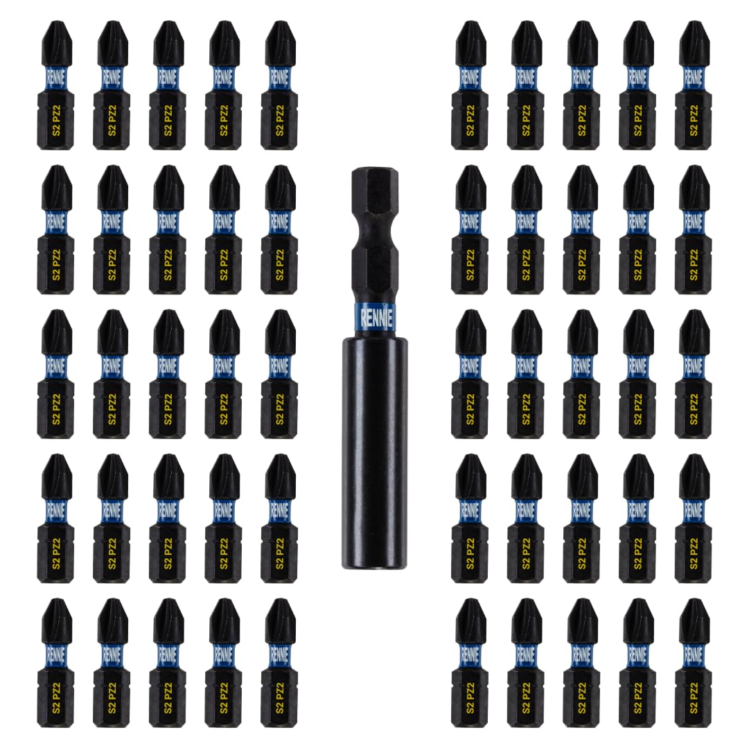 51 x Rennie Tools 25mm Long PZ2 Impact Screwdriver Driver Bits Set with Bit Holder. Heavy Duty PoziDriv POZI No.2 Screwdriver Bit Set. PZ2 Impact Driver Bits Pozidrive Screw Accessories