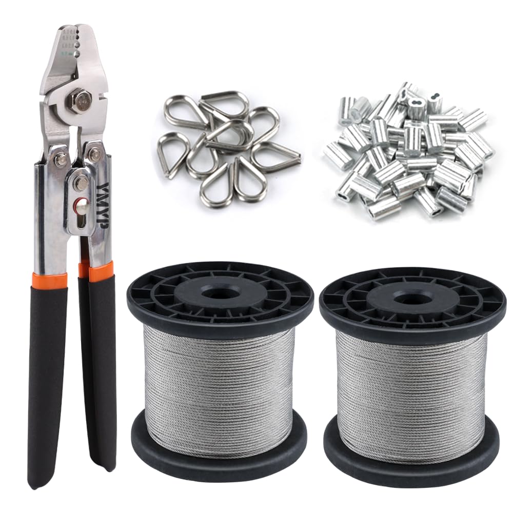 YMYP 2.2mm Wire Rope Crimping Tool with 200m 1/16’’ Stainless Steel Wire Rope Kit,400 Pcs M1.5 Aluminum Double Barrel Ferrule and 100 Pcs Stainless Steel Thimbles, Swaging Tool with Cutting Function