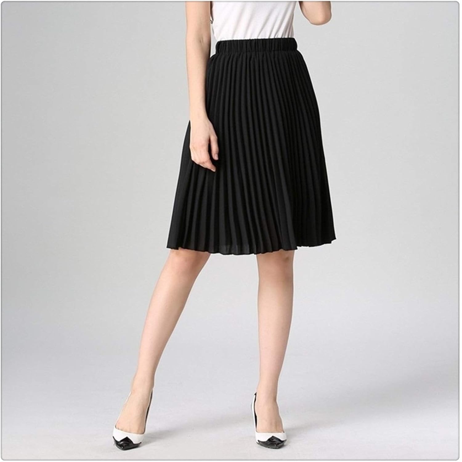 YUNGYE High Waist Pleated Skirt Women Solid Color Chiffon Vintage Knee