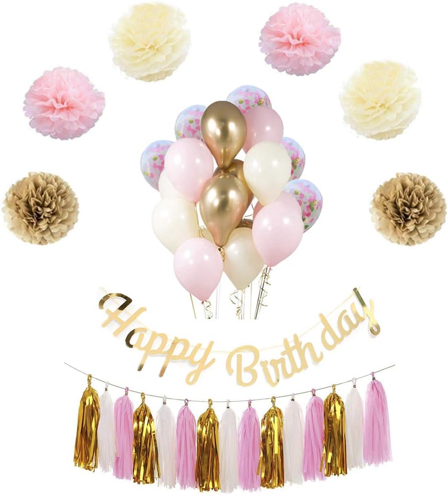 Birthday Decoration,Balloons in Gold & Pink,Female 30th 40th 50th Birthday Party Supplies Birthday,Happy Birthday Banner,Rose Gold Confetti Balloons，Paper Flowers,Tassel Garland
