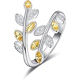 PRAYMOS 925 Sterling Silver Dainty Leaf Rings Rainbow Adjustable Open Ring for Women Cubic Zirconia Tree Jewelry Gifts for Women