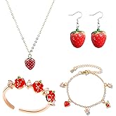 FUTIMELY 4 Pcs Strawberry Jewelry Set Red Strawberry Necklace, Strawberry Earrings, Strawberry Ring, Strawberry Bracelet Cute Food Fruit Charm Jewelry for Woman (Red Set)