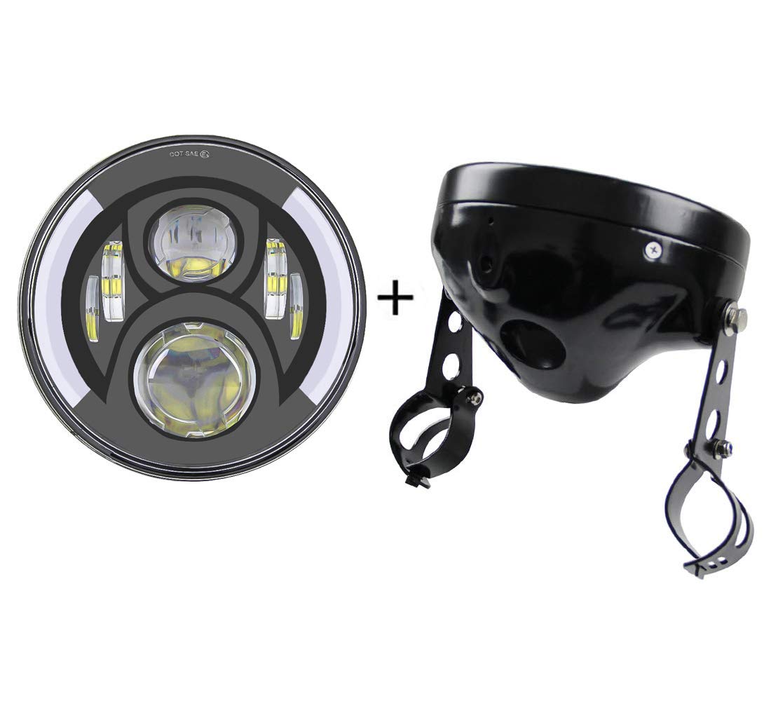 SKUNTUGUANG 7 inch Round LED Motorcycle Headlight with White DRL, Yellow Turn Signal and 7 Lamp Housing Bucket with 32-40mm Motorcycle Front Fork for Harley Davidson