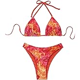 WDIRARA Women's 2 Piece Floral Halter Reversible Swimsuit String Bikini Sets Tie Backless Bathing Suit