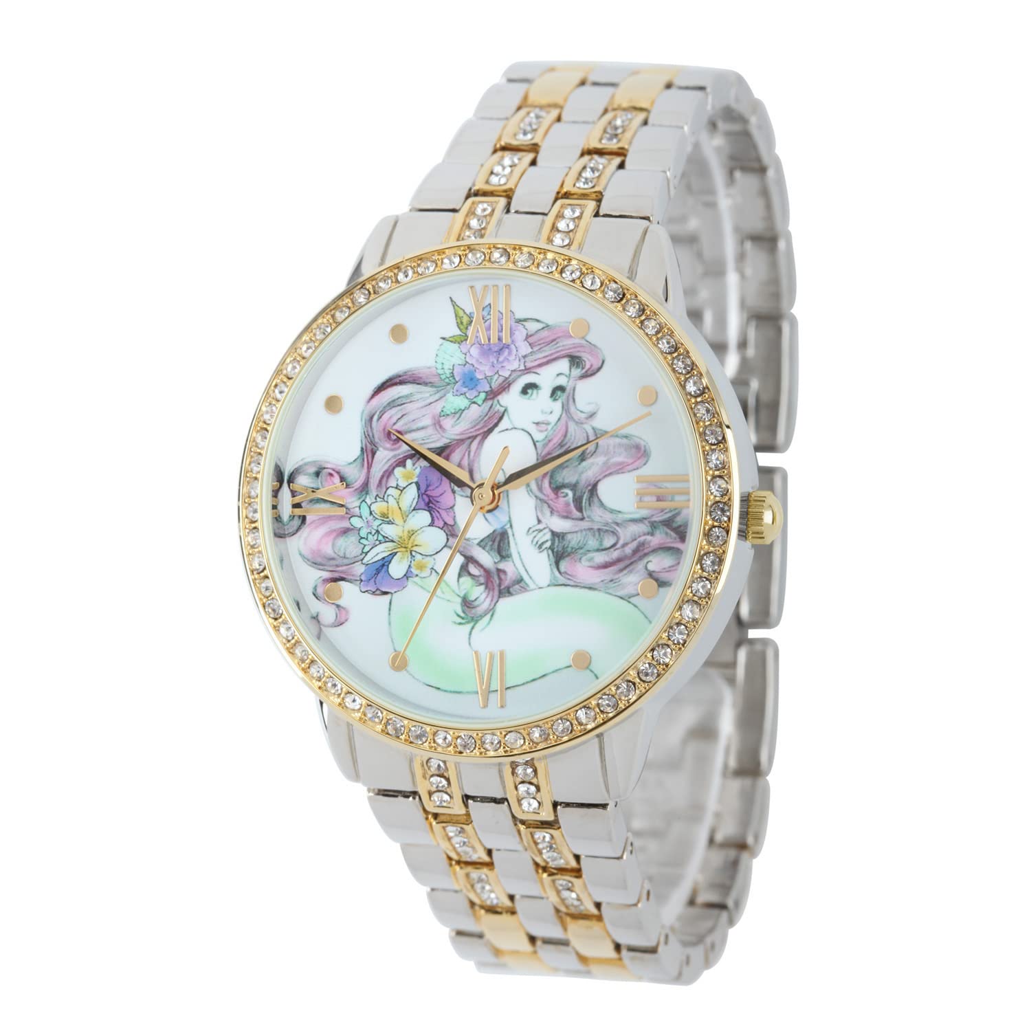 Disney Ariel Inspired Fashion Watch for Women – Stylish Mermaid Character Dial with Sparkling Bezel – Great Christmas Gift for Moms, Women, or Collectors of Animated Accessories – Gold Bracelet Strap