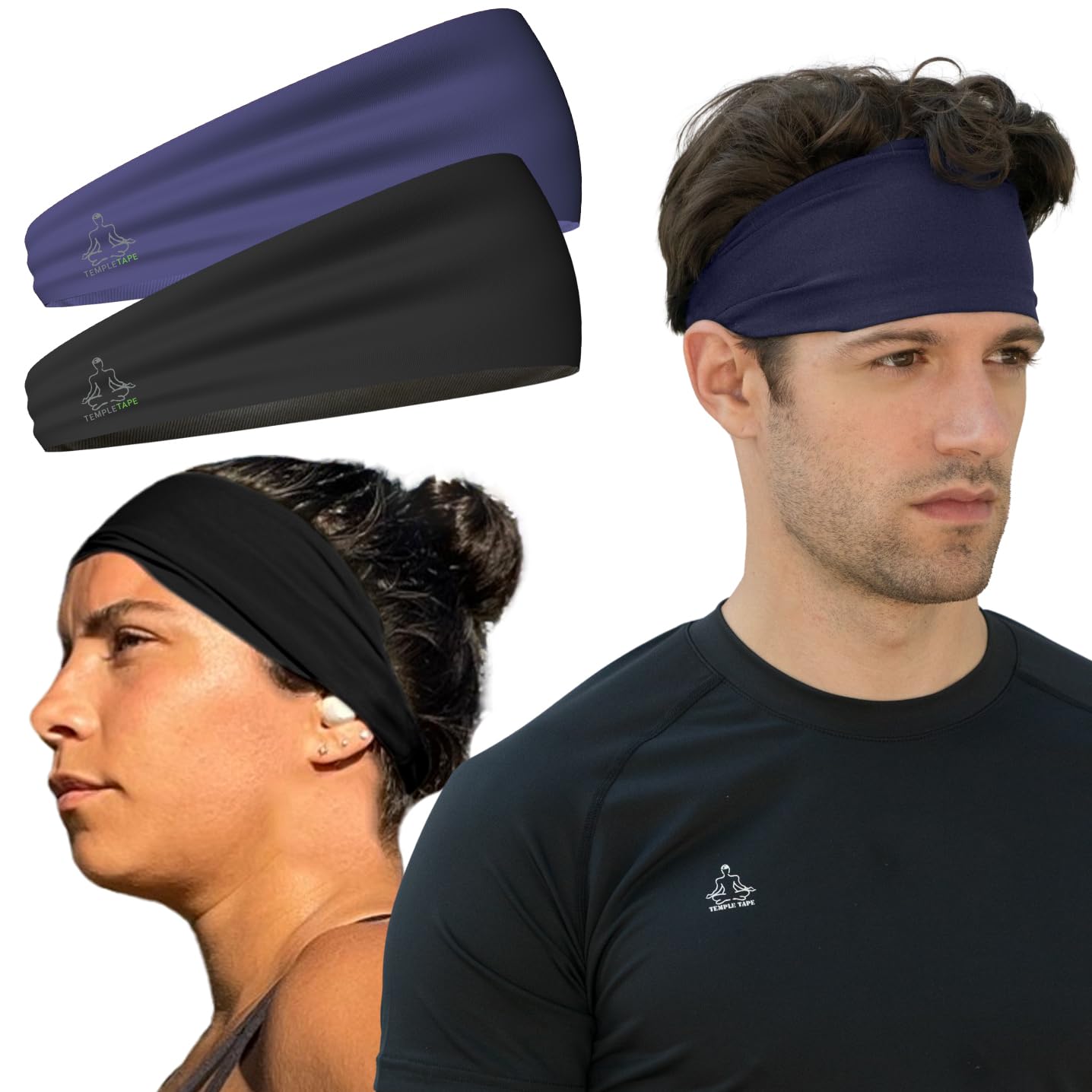 Temple Tape, Mens Headband - Guys Sports Headbands Moisture Wicking Workout Sweatbands for Running, Cross-Train, Skiing and Bike Helmet Friendly - Value Pack - 1-Black & 1-Navy Sweatband