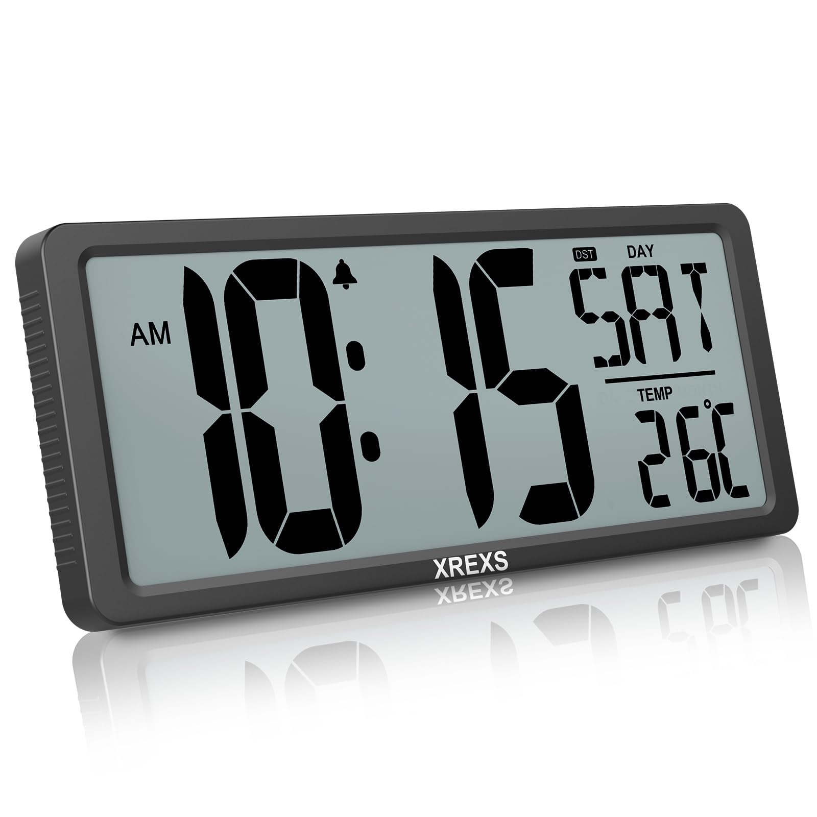 XREXS Digital Wall Clock – 15 Inch, Battery Operated with Day, Date, Temperature, Alarm & Auto DST – for Living Room, Bedroom, Home Office