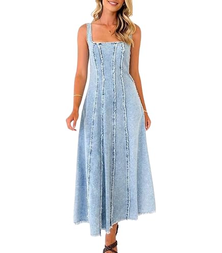 chouyatou Women's Adjustable Spaghetti Strap Denim Maxi Dress Distressed Fringe A Line Long Jean Dress (X-Small, Dark Blue) at Amazon Women's Clothing store