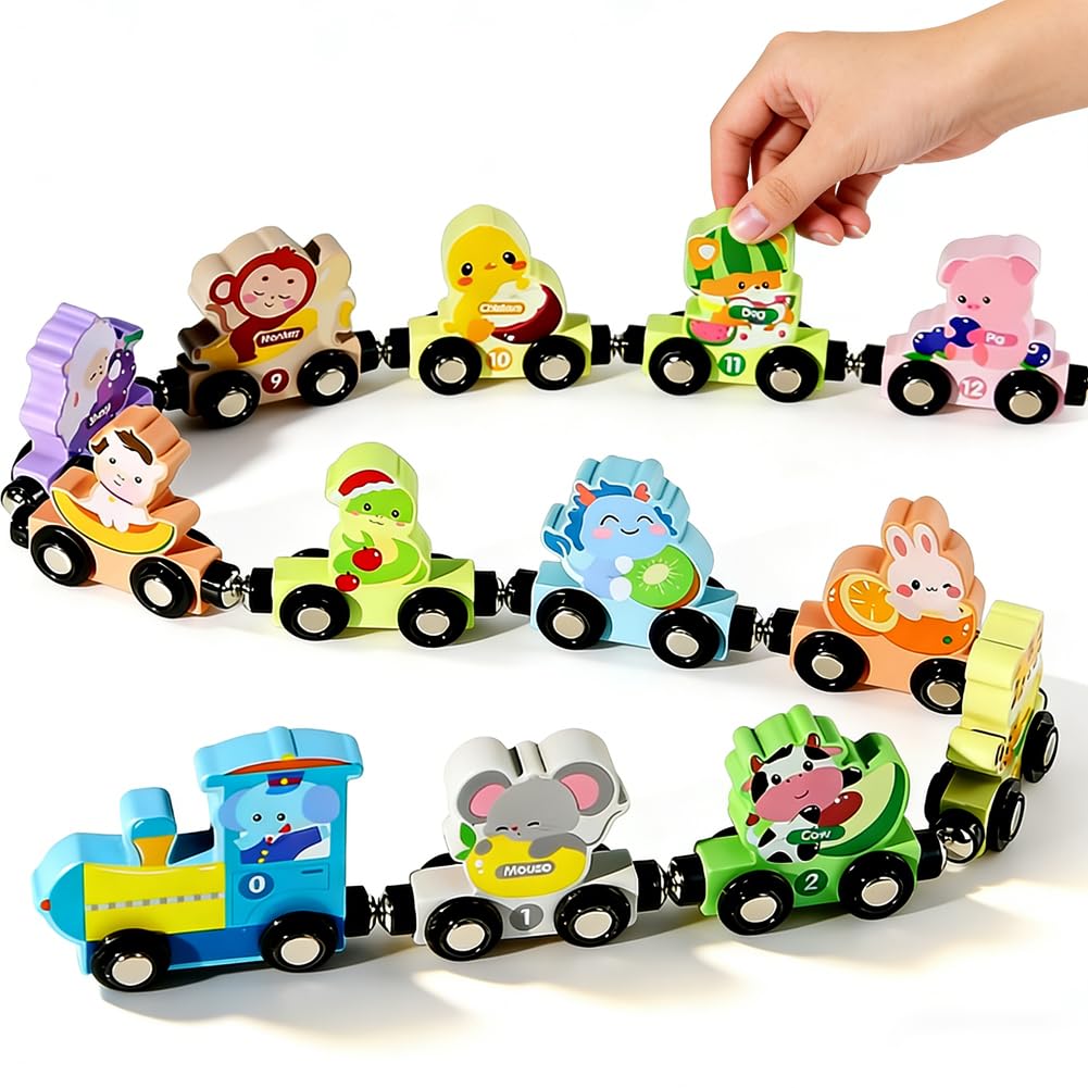 Animal Farm Train Set,Wooden Train Toys for Toddlers, Animals Track Mat Set Birthday Presents for Toddlers,Learning & Development Toys for Toddler Boys Girls - Twelve Animals