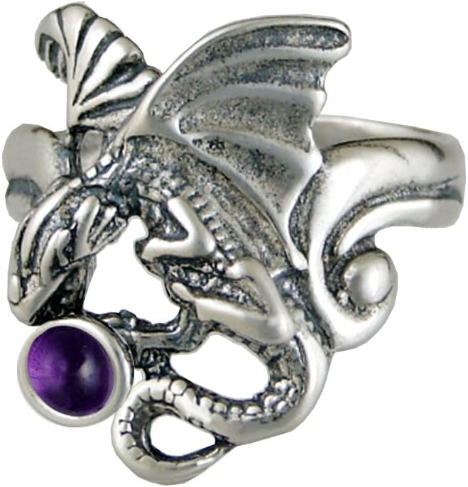 A Beautifully Detailed Sterling Silver Dragon Ring with Amethyst Made in America
