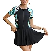 FYMNSI Womens Rash Guard One Piece Swimsuit Zipper Short Sleeve Swim Dress with Shorts Modest Bathing Suit Athletic Swimskirt