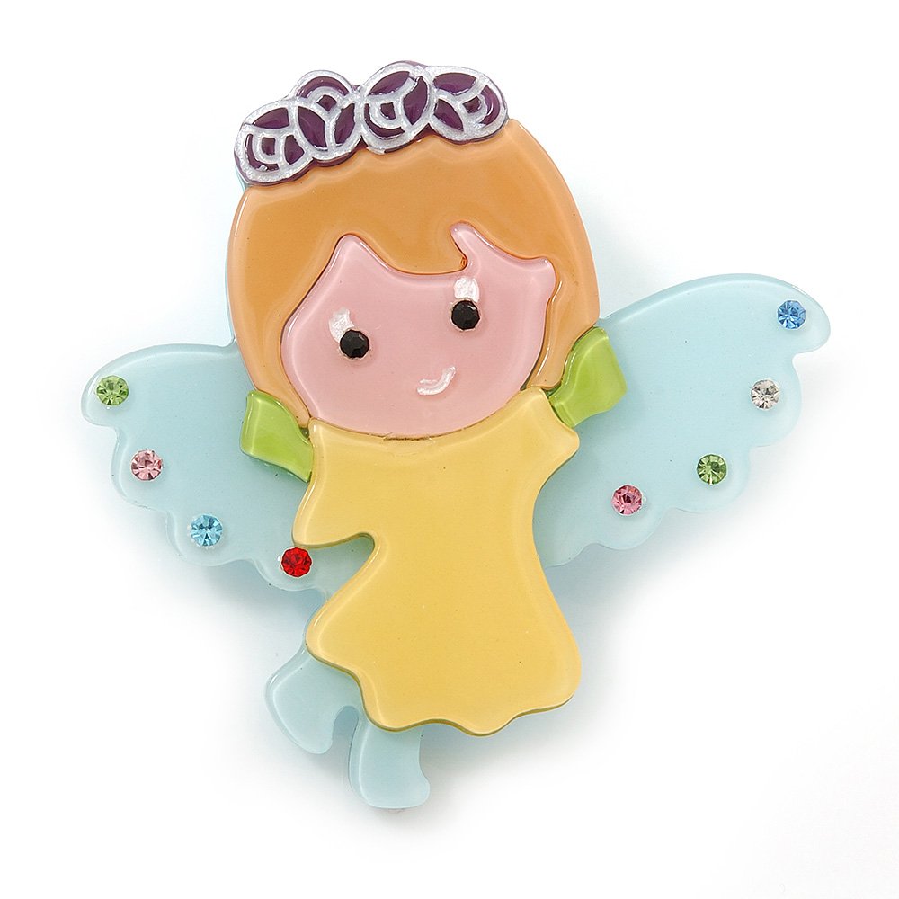 Light Blue/Yellow Austrian Crystal, Acrylic 'Little Angel' Brooch - 50mm Length