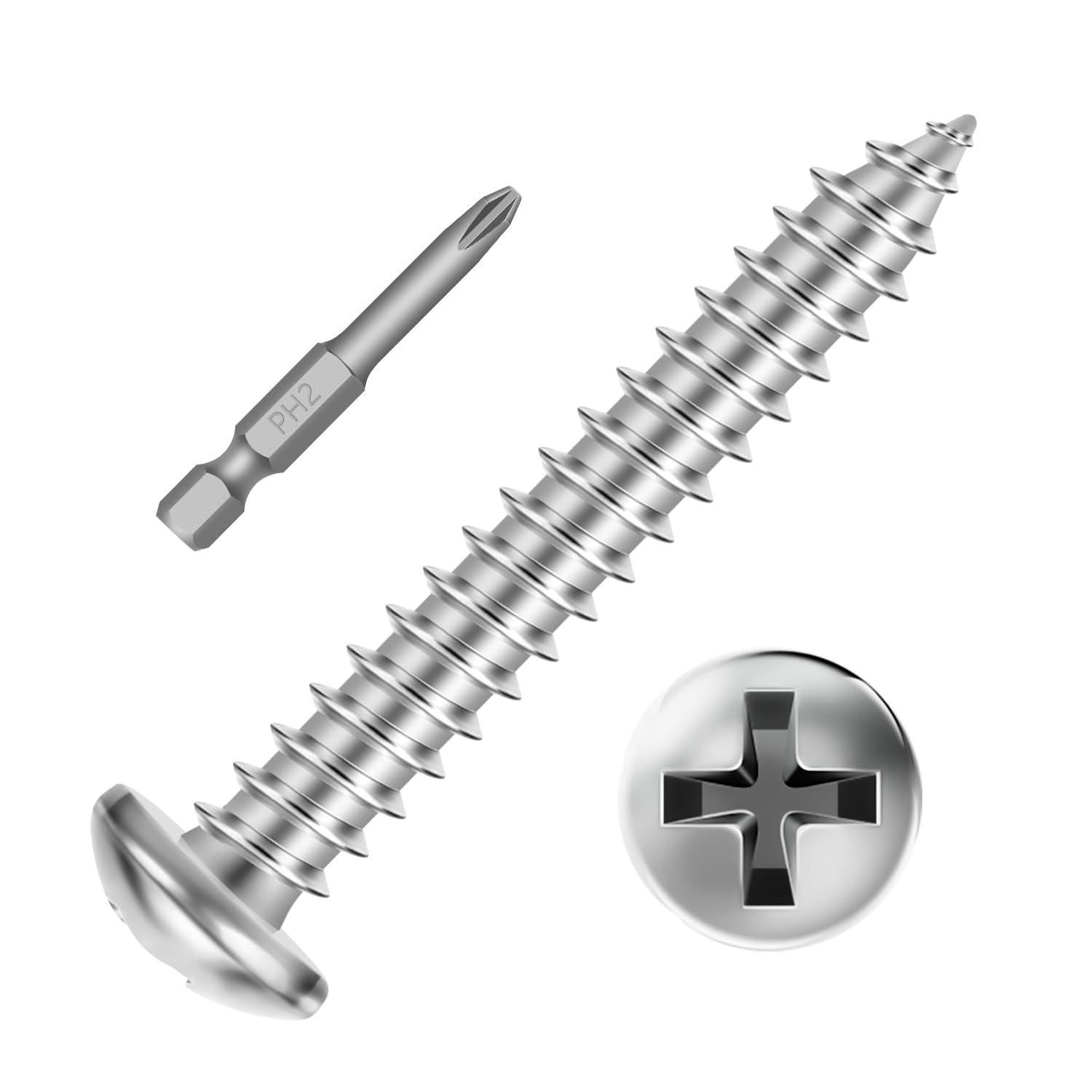 View 1 of #6 x 1-1/4" (100 PCS) Pan Head Sheet Metal Screws, Round Head Self Tapping Screw, Phillips Drive Wood Screw, Stainless Steel 304, Bright Finish