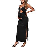 Bhome Sleeveless Maternity Baby Shower Dress Spaghetti Straps with Tie Knot Cut-Out Side Slit Ribbed Pregnant Dress