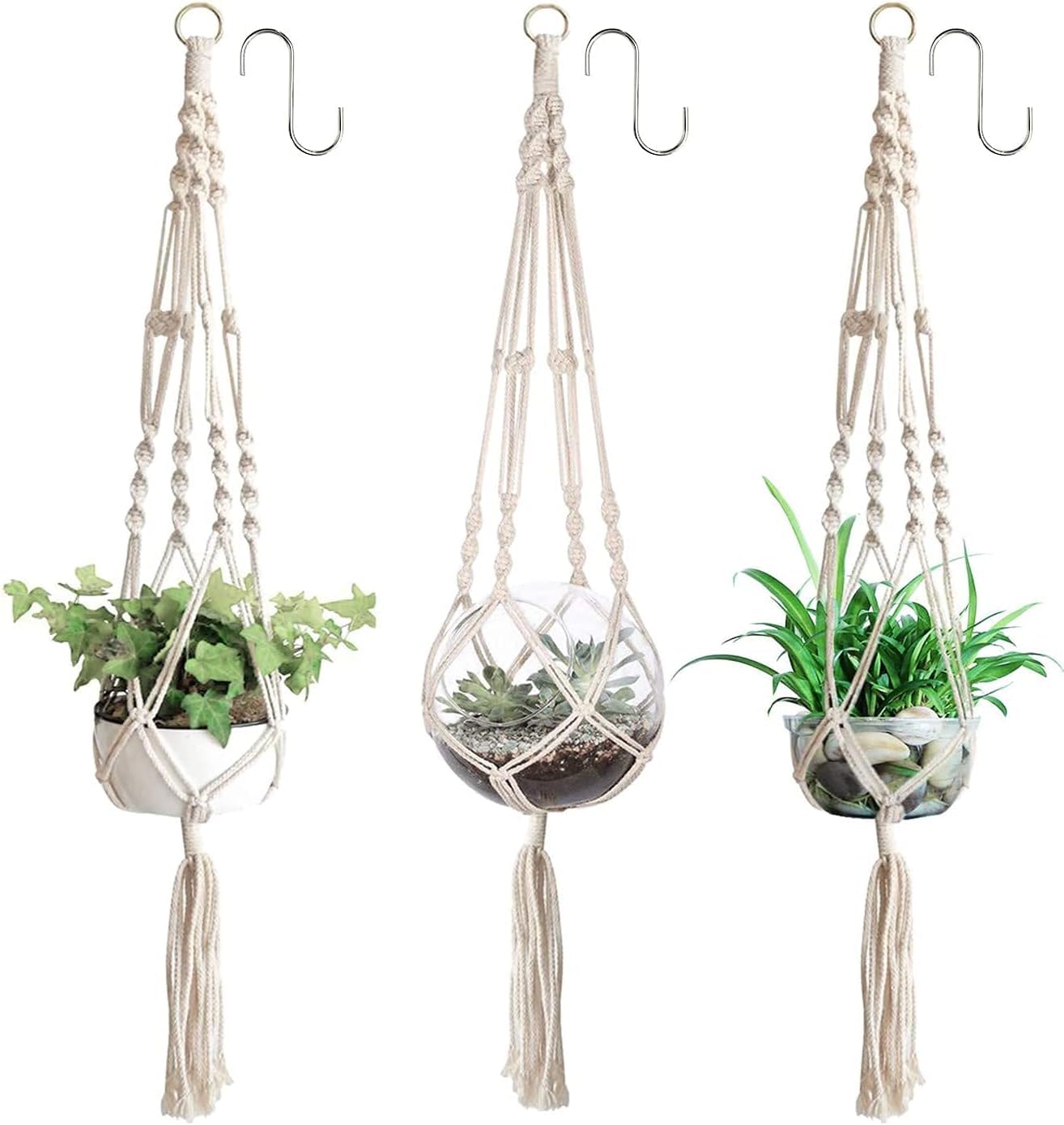 sanjianke-fs 3 Pack Macrame Plant Hanger Indoor Outdoor With 3 Hanging Hooks 105cm Wall Hanging Planter Ceiling plants for Flower Pot Patio Deck Ceiling Plant Holder