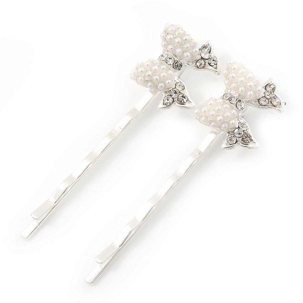 Avalaya 2 Bridal/Prom Simulated Pearl, Crystal 'Bow' Hair Grips/Slides in Rhodium Plating - 55mm Across