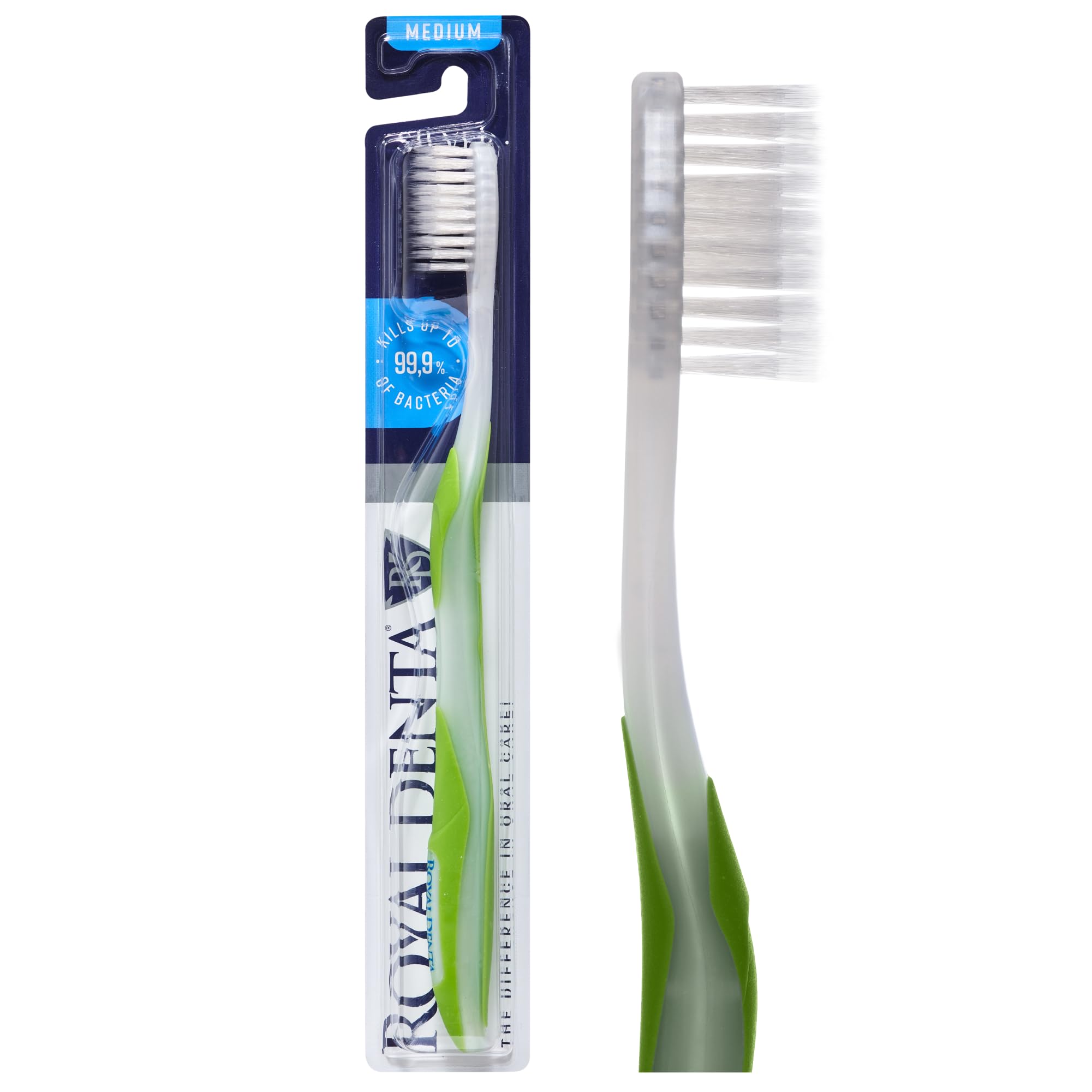 Royal Denta Flossing Toothbrush for Adults, Dual Length Silver Infused Bristles for Interdental Plaque Removal & Gum Care, Medium Soft Manual Toothbrush, Ergonomic Grip Handle (Green)