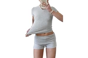 YETOWA Women's Casual Workout Two Piece Outfits Slim Short Sleeve Low Waist Foldover Shorts Tracksuit Sets Streetwear