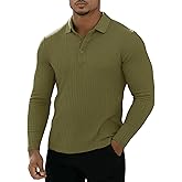 Muscle Cmdr Men's Cotton Long Sleeve Muscle T Shirts Slim Fit Business Casual Tee Short Sleeve Ribbed Polo V Neck