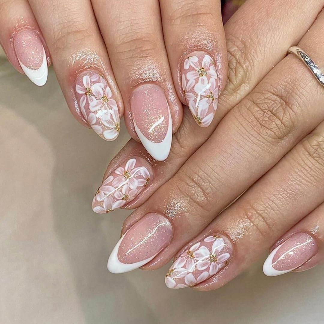 Floral White French Tip False Nails Medium Almond, SXVME Glitter White Press on Nails with Floral Designs Full Cover Acrylic Fake Nails Press ons Spring Bling Stick on Nails for Women 24 Pcs